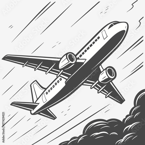 Airplane in flight with stylized clouds and motion lines