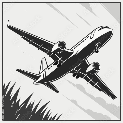 Black and White Airplane Ascending with Stylized Clouds and Grass