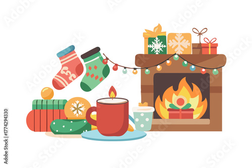 Cozy christmas fireplace with gifts for holiday