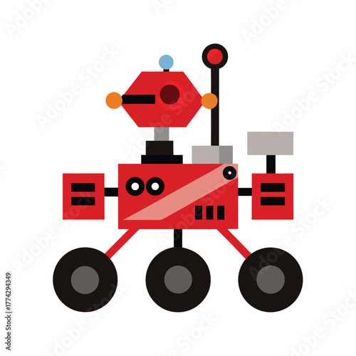 Red cartoon rover with three wheels, antenna, and camera on white background Keywords: rover, robot, exploration, space, mars, science, technology
