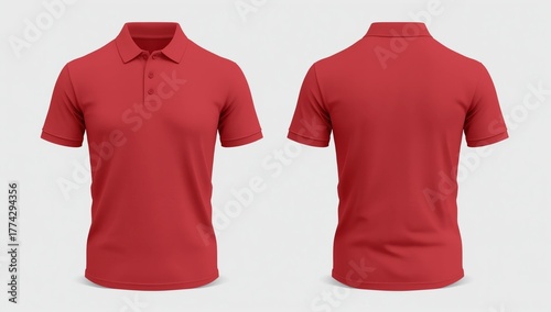 illustration of blank red polo t-shirt template, front and back design isolated on white