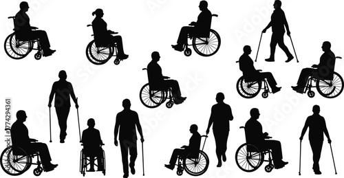 Silhouettes of disabled people using wheelchairs and walking sticks, inclusive mobility concept, rehabilitation support, accessibility awareness vector illustration, diversity representation design