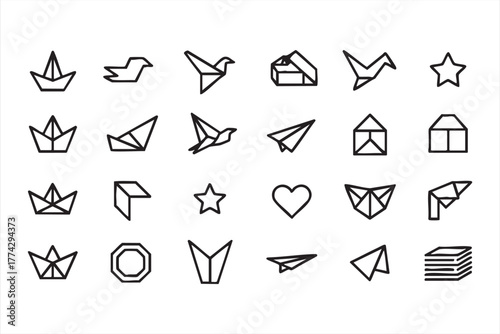 Outline origami icon set featuring paper cranes, stars, and shapes for art projects