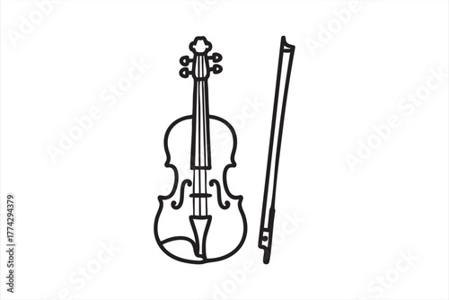 Black and white line icon of violin and bow symbolizing classical music and performance