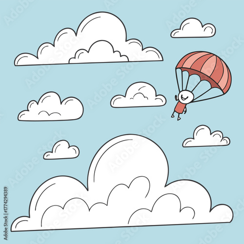 Cheerful Parachuter Descending Through Cartoon Clouds