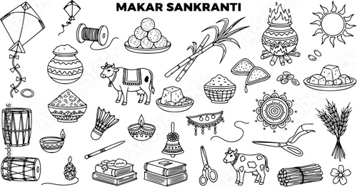 Makar Sankranti Festival Doodles Set: Hand-drawn outline illustrations of cultural symbols, food, kites, and traditions in India.