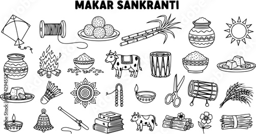 Makar Sankranti Festival Doodles Set: Collection of Traditional Indian Harvest Celebration Symbols and Elements, Hand Drawn Outline Icons