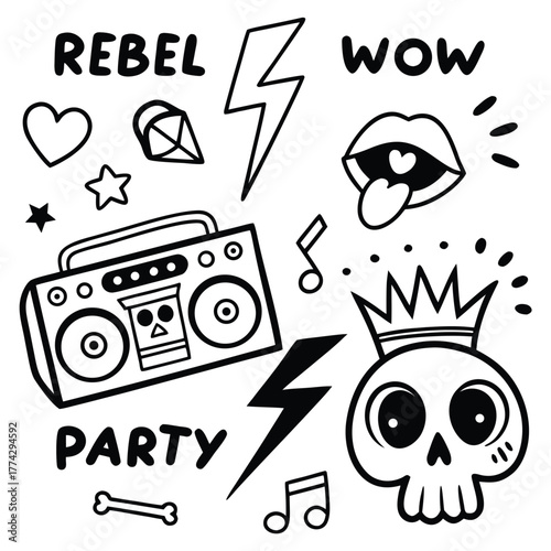 Doodle Art Collection of Rebel and Party Icons illustration