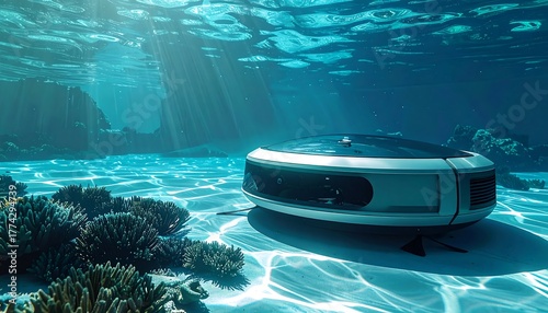 Fototapeta Naklejka Na Ścianę i Meble -  Futuristic underwater pod exploring a coral reef, illuminated