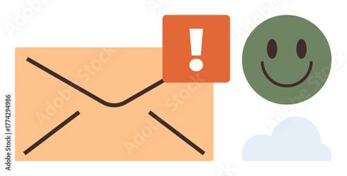 Envelope with exclamation mark implies urgent email, paired with smiling face for positive engagement and cloud for digital context. Ideal for communication, alert, email, positivity, feedback