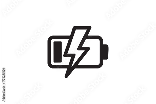 Minimal vector illustration of electric battery with lightning bolt representing recharge