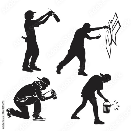 Graffiti artists in action silhouettes on white background