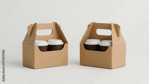 Wallpaper Mural Two cardboard beverage carriers, each containing two disposable paper cups with white lids, are presented against a soft white backdrop, exhibiting a clean and minimalistic presentation, showcasing... Torontodigital.ca