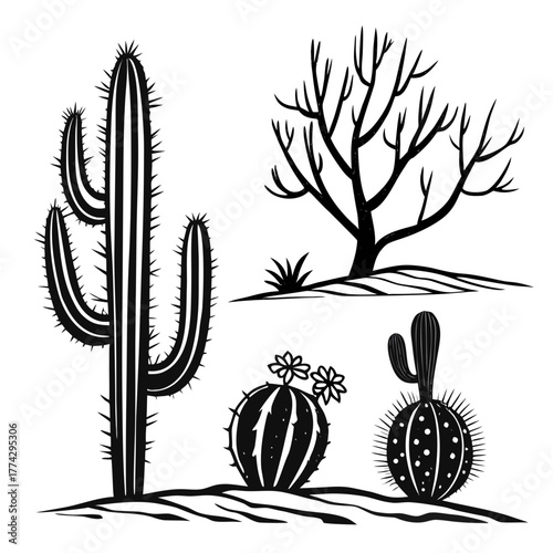 Black and white desert landscape with cacti and bare tree