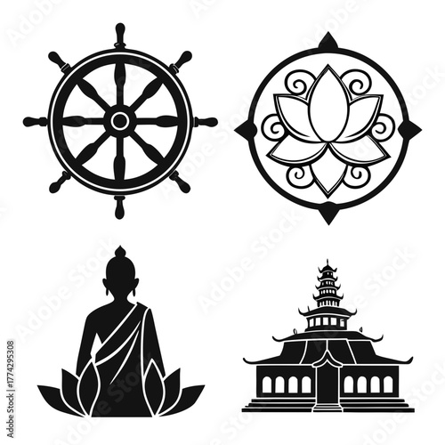 Four black silhouette icons ship wheel lotus temple and Buddha