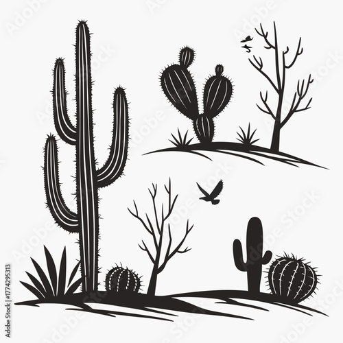 Black silhouette desert landscape with saguaro and prickly pear cacti