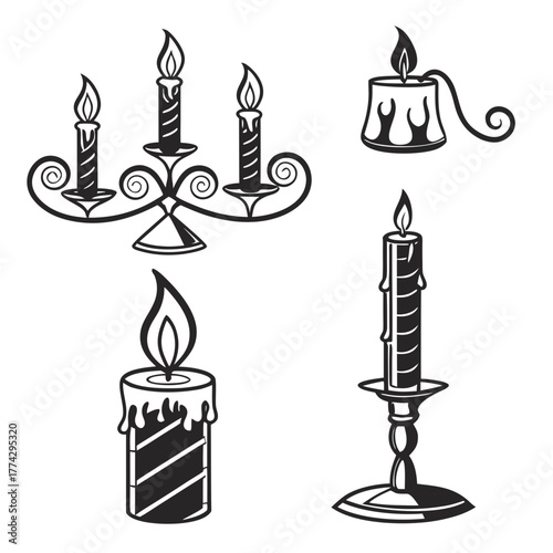 Black and white illustrations of four lit candles and a candelabra