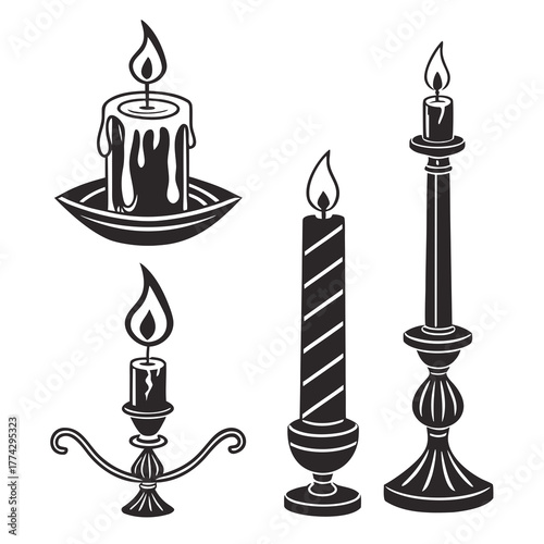 Four black silhouette candles with flames on white background
