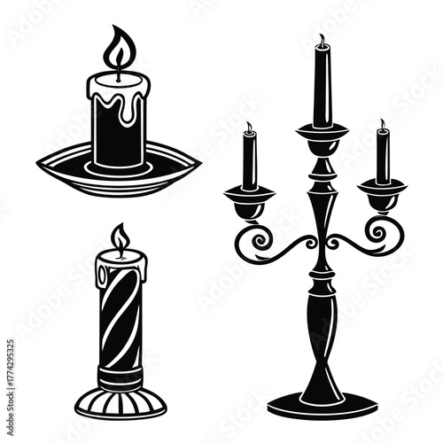 Black silhouette of three lit candles and a candelabra
