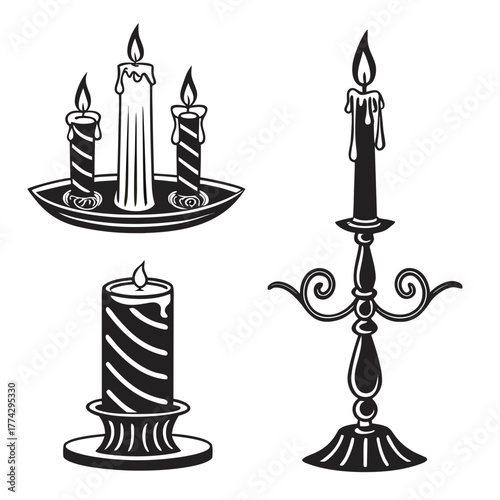 Four black and white candle illustrations on white background