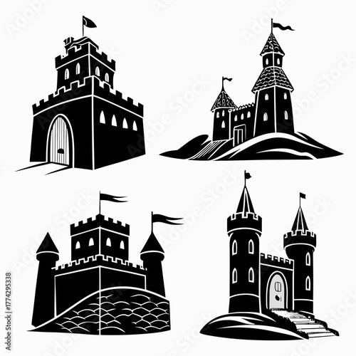 Four black silhouette castles on white background medieval