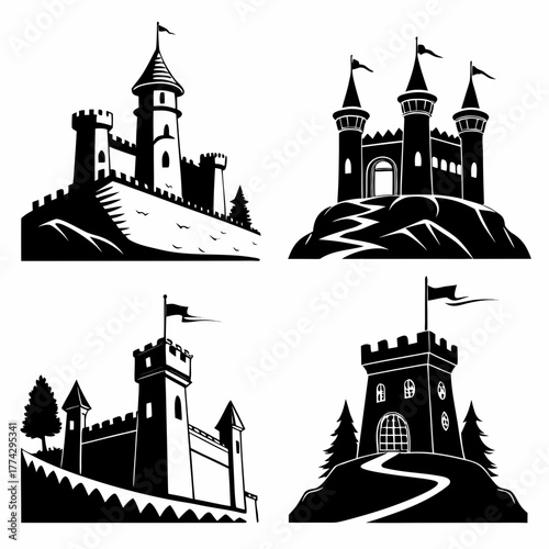 Four black silhouette castles on white background black and white