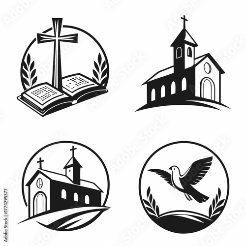 Christian church and cross emblems with open bible and dove
