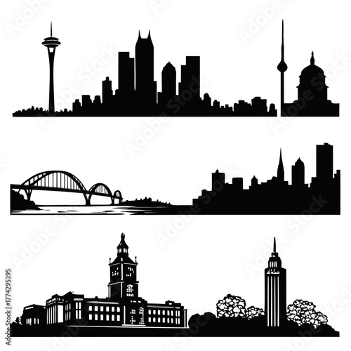 Black silhouette skylines of cities and landmarks city