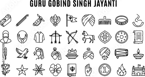 Guru Gobind Singh Jayanti Sikhism Symbols Vector Icon Collection for Religious Festival Celebrations and Cultural History