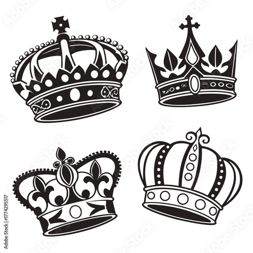 Four black and white crown illustrations on white background 1