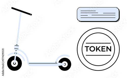 Minimalist electric scooter, circular digital token labeled Token, and rectangular paper receipt. Ideal for transportation, e-payments, eco-living, urban planning, sharing economy, sustainability
