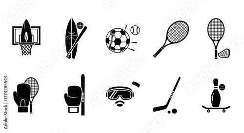 Assorted Sports Equipment Icons Basketball Surfboard Soccer Tennis Boxing Skiing Hockey Bowling.