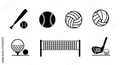 Black and White Sports Equipment Icons Baseball Volleyball Golf Net.