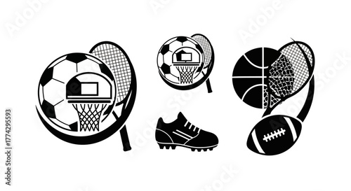 Black and White Sports Icons Soccer Basketball Football Tennis and Shoe.