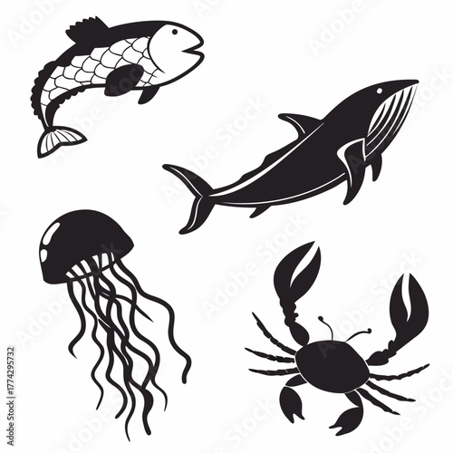 Black silhouette ocean creatures fish whale jellyfish crab