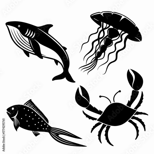 Black silhouette marine life collection whale fish crab jellyfish