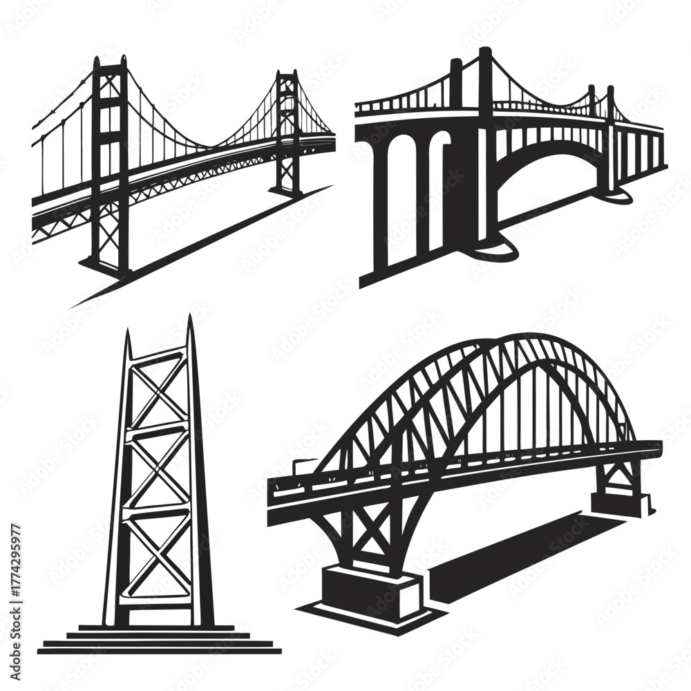 Fototapeta premium Four black and white bridge illustrations suspension bridge