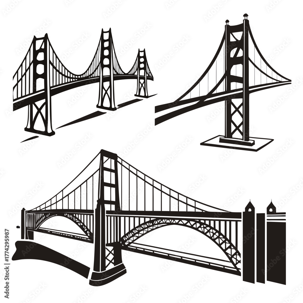 Obraz premium Black silhouette of suspension bridges on white background