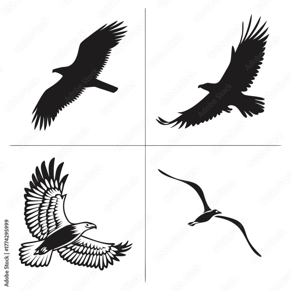 Fototapeta premium Four black bird silhouettes in flight on white background