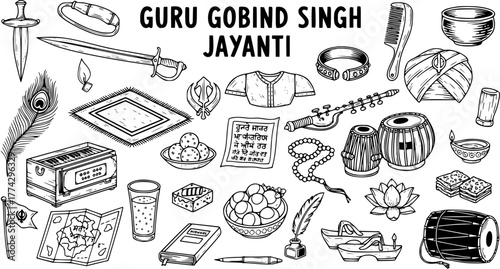 Guru Gobind Singh Jayanti Sikh Festival Elements Collection: Hand-drawn Icons of Religious Symbols, Musical Instruments, Food, and Traditional Items.
