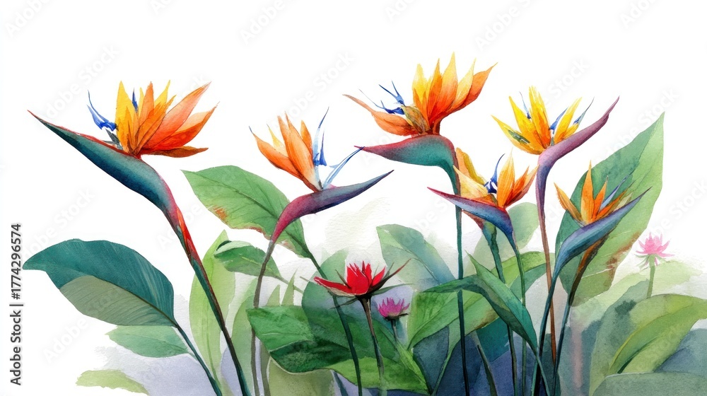 custom made wallpaper toronto digitalWatercolor painting of a vibrant flower arrangement with orange and yellow petals, surrounded by green leaves and stems, set against a white background with a soft, blurred background.