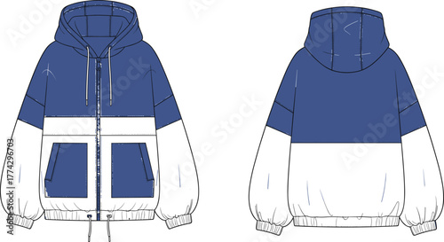 Stylish blue and white color block hoodie design, modern unisex fashion jacket template, trendy streetwear apparel front and back view illustration, vector mockup