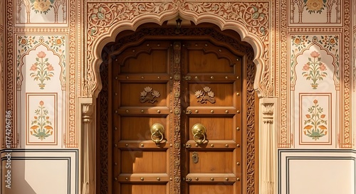 An intricately painted archway framing an old wooden door with brass elephant handles, showcasing traditional Rajasthani architecture