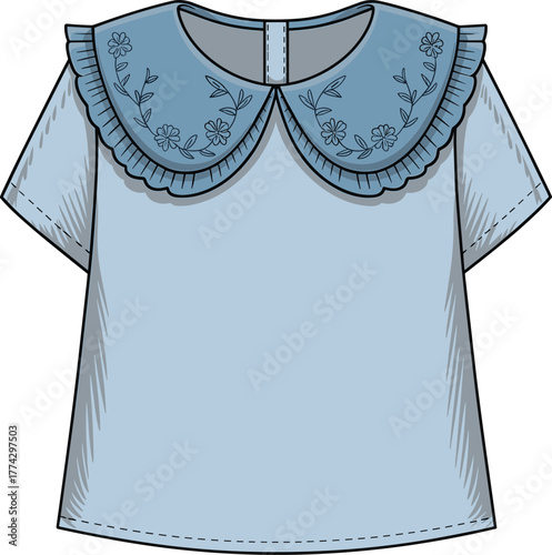 Light blue short sleeve blouse, Peter Pan collar with ruffle edge, floral embroidery, feminine stylish top, elegant tailored fashion garment illustration