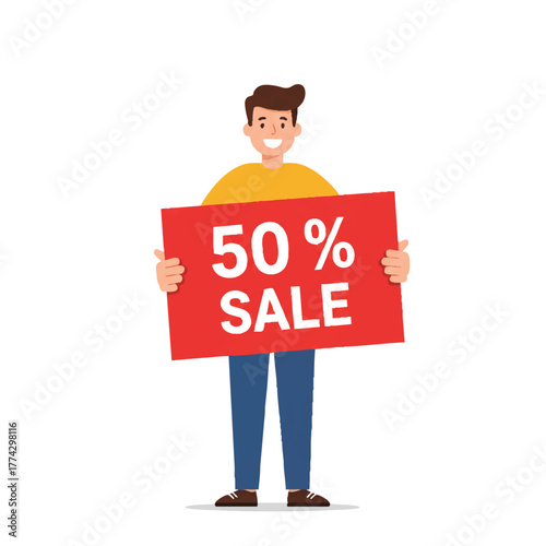 A young man is happily holding a large fifty percent off sale sign, promoting special retail discounts against a clean white background in a simple flat vector illustration.