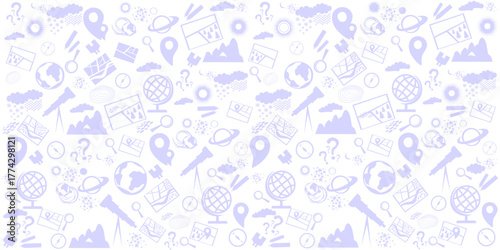 Geography symbols seamless pattern. Equipments for web banners background.  Education concept. Back to school background. Set of geography symbols. Cartoon illustration for school subject design. 