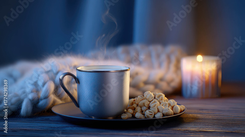 Cozy Winter Still Life Featuring Warm Drink, Delicious Snack and Soft Textiles for Perfect Comfort Food Experience