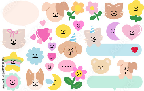 Cute vector illustrations of puppy and cat expressions, flowers, stars, heart, party hat, moon, text bubbles for cartoon characters, comic, animals, pet shop, vet, emoji, mood, nature, garden, summer