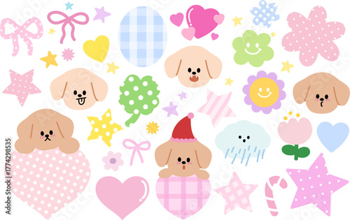 Cute vector illustrations of puppy expressions, candy cane, cloud and rain, flower, star, pink ribbon, heart, clover leaf for cartoon characters, comic, animal, pet shop, vet, emoji, mood, foster home