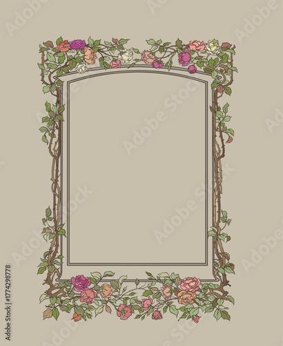 beautiful roses from the branches and leaves vintage floral border 